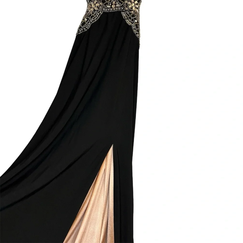 XSCAPE Long Black Beaded Sequin Open Back Sexy Formal Gown with Front Slit Sz 2 - Picture 6 of 14